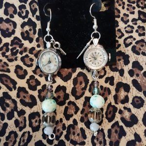 2599 Upcycled Watch Face Earrings With Green And Silver, 3" Long.